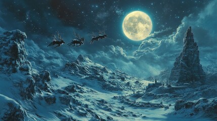 flying sanat calus with deer in dark night