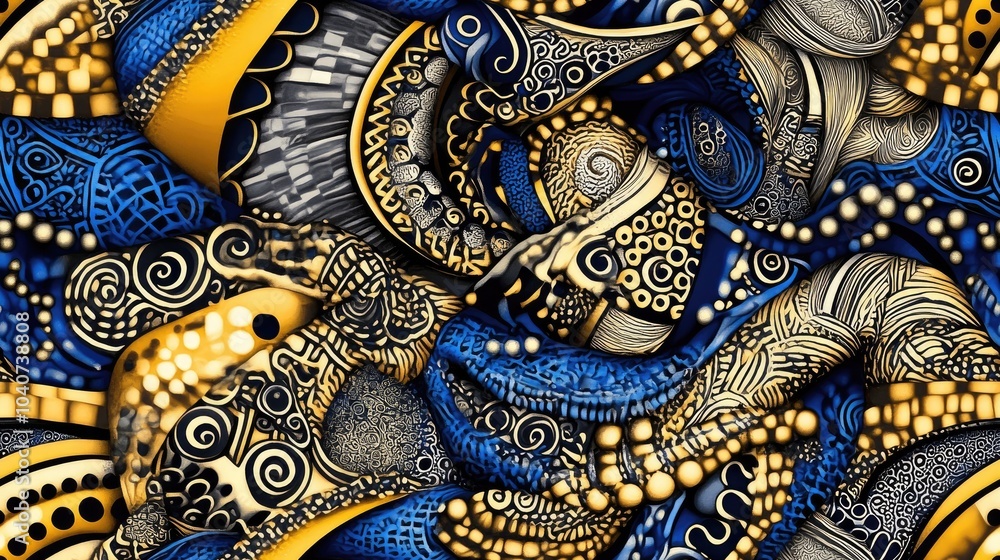 Poster abstract seamless pattern with swirling lines and intricate details in blue and gold.