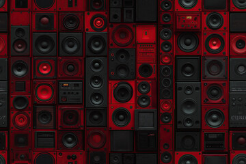 pattern of different used and vintage speakers and subwoofers in dark red, music wall, sound equipment, black, boxes, loudspeakers, photorealistic, TILE