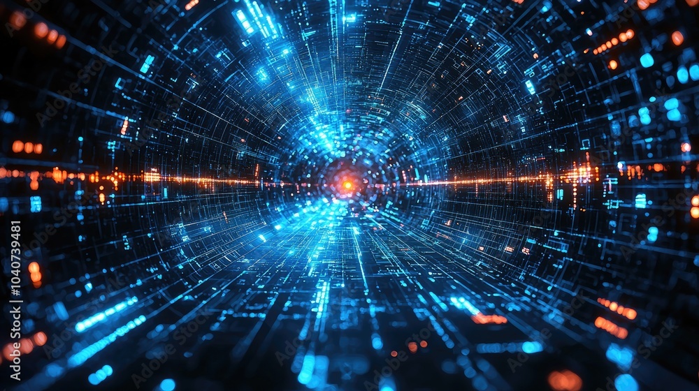 Poster abstract tunnel of glowing blue and orange digital data, creating a futuristic and technological bac