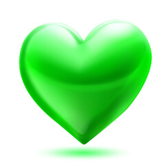 Large beautiful green heart with glares and soft shadow, isolated on white background