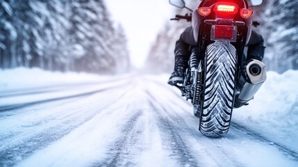 motorcycle journey on snowy road, rear view with tire tracks