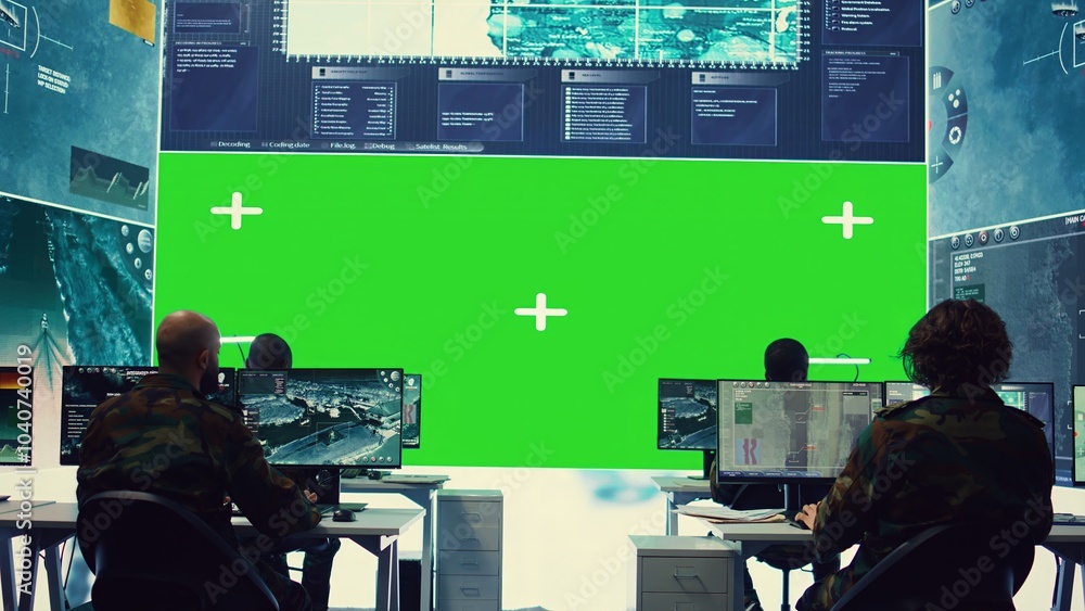 Poster diverse group of privates operating on a big screen isolated display, looks at a greenscreen and gat
