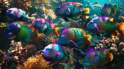 A school of vibrant parrotfish feeding on algae-covered corals, showcasing the symbiotic relationships within the reef ecosystem