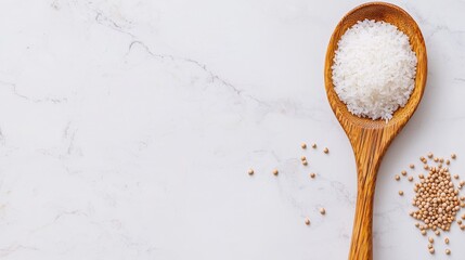 A wooden spoon delicately holding jasmine rice, placed on a sleek marble surface with grains scattered around, giving a sense of abundance