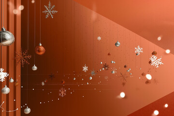 A Christmas scene with many snowflakes and ornaments hanging from the ceiling