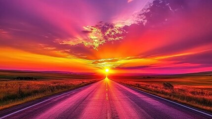 Naklejka premium Vibrant Sunset Over Open Road and Fields
