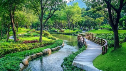 Fototapeta premium Serene Pathway Through Lush Green Garden Landscape