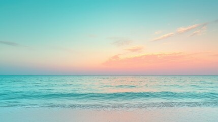 Obraz premium Calm ocean waves gently lapping on a white sandy beach at sunset, with a soft blue and pink sky.