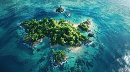 A secluded island lagoon surrounded by vibrant coral reefs and teeming with marine life