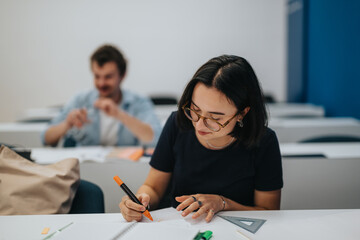 A student deeply engrossed in classwork at her desk, with a fellow classmate in the background. The image captures an academic setting and diligent atmosphere.