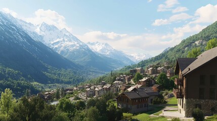 Scenic Mountain View with Snow-Capped Peaks and Village
