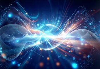 Fototapeta premium Abstract glowing lines in blue and orange colors twist and turn against a dark background.