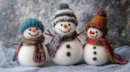 knitted happy snowman family against minimalistic background