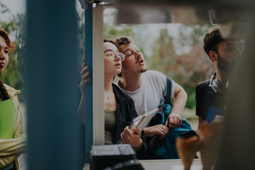 A group of multicultural students gathers in a park, enjoying their break between classes. They are engaged in conversation, reflecting a lively and collaborative atmosphere.