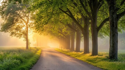 Naklejka premium Serene Tree-Lined Pathway at Sunrise