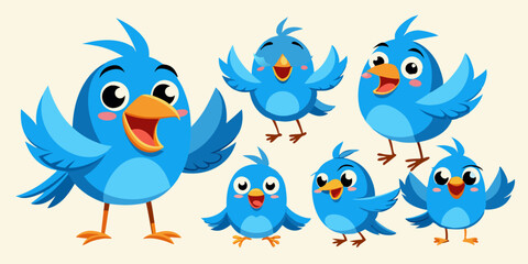A collection of cute blue cartoon birds displaying various emotions and expressions.