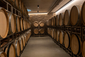 Wooden wine barrels in a winery, Warehouse of wine barrels.j