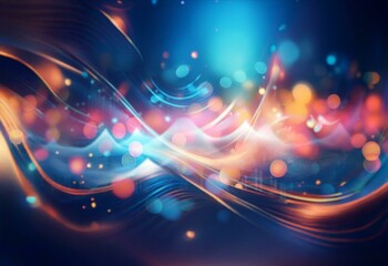 Abstract background with glowing blue and orange lines and bokeh lights.