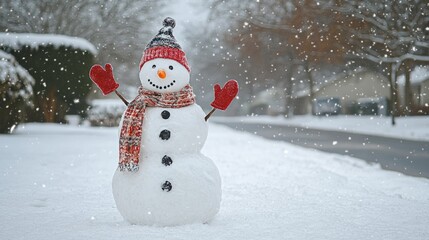Obraz premium snowman with smiling face in the park.
