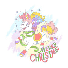 Cute jolly jumping unicorn vector illustration with lettering