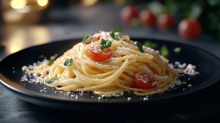 Freshly made spaghetti with cheese on a black plate. Dark plate with italian foods. Ultra realistic. Photorealistic