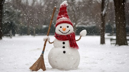 Obraz premium snowman with scarf and hat in snowy park.