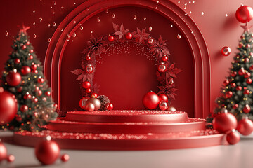 A red stage with a red arch and a red tree in the background