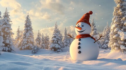 Obraz premium snowman with scarf and hat in snowy park.