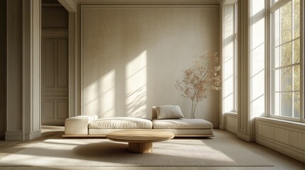 Minimalist living room with natural light and decor.