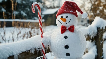 Fototapeta premium snowman with smiling face and candy canes 