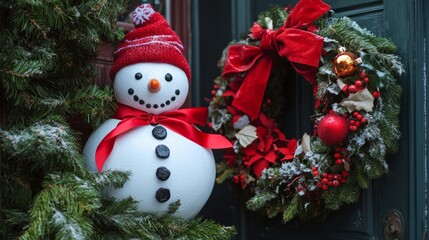 snowman with smiling face in front of red decoration