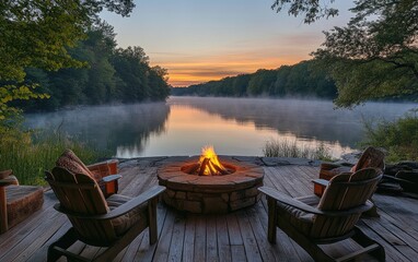Obraz premium Cozy ambiance, charming view of warm fire pit resting on rustic wooden deck, surrounded by stunning nature, perfect for gathering friends, family while enjoying serene atmosphere.
