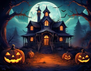 epic illustration halloween background with house