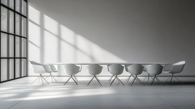 Modern conference room with a long table and chairs.
