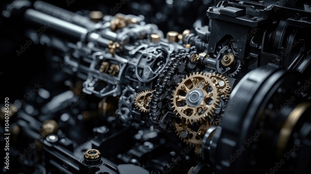 Poster close-up of a complex engine mechanism with gears and chains.