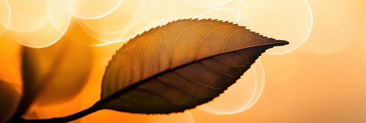 Fototapeta premium A delicate silhouette of a tea leaf is shown against a warm, glowing background, emphasizing its unique shape and texture in soft light. Generative AI