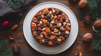 Festive Fruit Cake Surrounded by Nuts and Pine