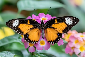 Obraz premium A Butterfly With Vividly Patterned Wings, Perched on a Bright Flower in a Tropical Garden