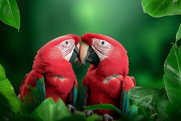 A Pair of Scarlet Macaws Interacting on a Tree Branch, Surrounded by Dense Tropical Foliage