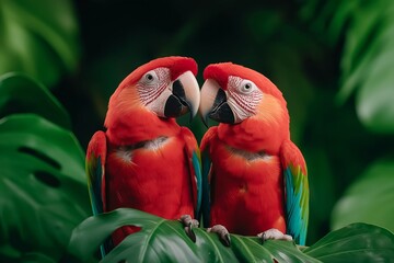A Pair of Scarlet Macaws Interacting on a Tree Branch, Surrounded by Dense Tropical Foliage