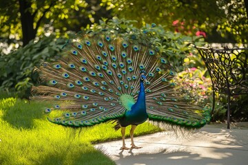 Obraz premium A Peacock With Fully Fanned-out Feathers, Displaying Vibrant Blues and Greens in a Lush Garden Setting