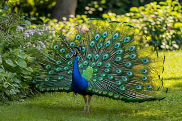 A Peacock With Fully Fanned-out Feathers, Displaying Vibrant Blues and Greens in a Lush Garden Setting