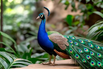 Obraz premium A Peacock With Fully Fanned-out Feathers, Displaying Vibrant Blues and Greens in a Lush Garden Setting