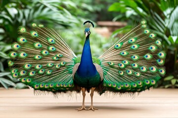 Obraz premium A Peacock With Fully Fanned-out Feathers, Displaying Vibrant Blues and Greens in a Lush Garden Setting