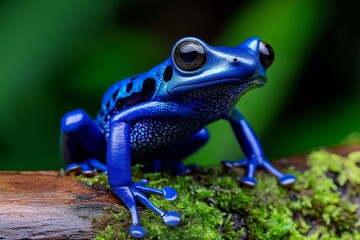 Obraz premium A Vibrant Blue Poison Dart Frog Perched on a Mossy Log in the Heart of a Dense Rainforest
