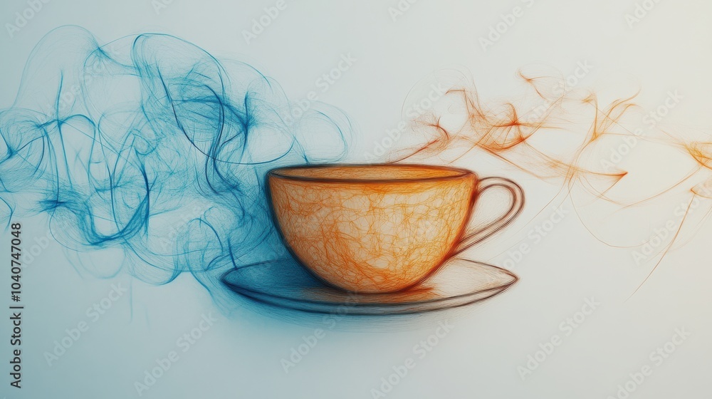 Poster a tea cup is elegantly illustrated with a continuous line, accompanied by gentle steam lines in soft