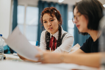 Focused students collaborate on assignments with a professor providing support in a lively...