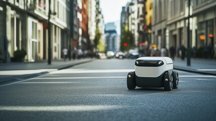 Obraz premium A futuristic AI-driven autonomous delivery robot for urban environments, clean city street with robots designed for package delivery and efficient navigation, Delivery style
