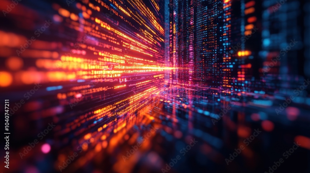Poster abstract digital landscape with vibrant light trails and data streams.